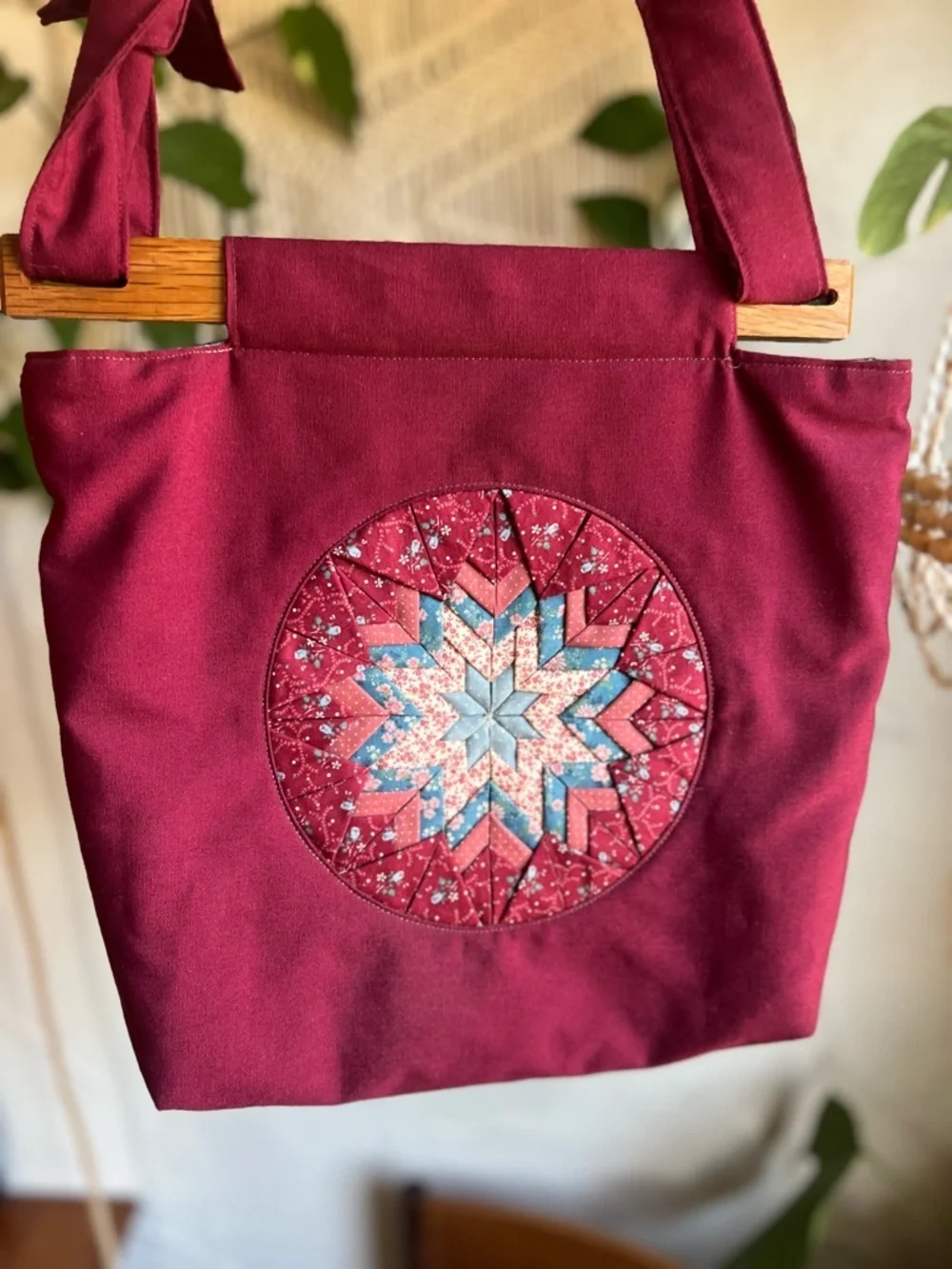 Vintage Handmade Quilted Tote Bag Cottagecore Boho Patchwork Wood Handle